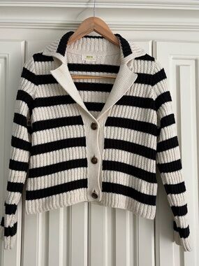 Anthropologie MAEVE Black & Cream Striped Button Collared Knit Cardigan XS NWOT